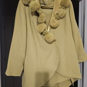 Midnight Velvet Mustard Cape with Fur Two Piece Skirt Suit Details